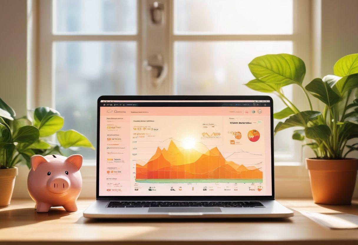 A glowing laptop screen displaying a user's dashboard on Shapcash with vibrant graphs and secure transaction features, surrounded by symbols of joy such as a smiling piggy bank, blossoming money plants, and radiant sunlight streaming through a window. The background features a calm, inviting room that reflects prosperity and optimism. super-realistic. vibrant colors. warm and cheerful atmosphere.