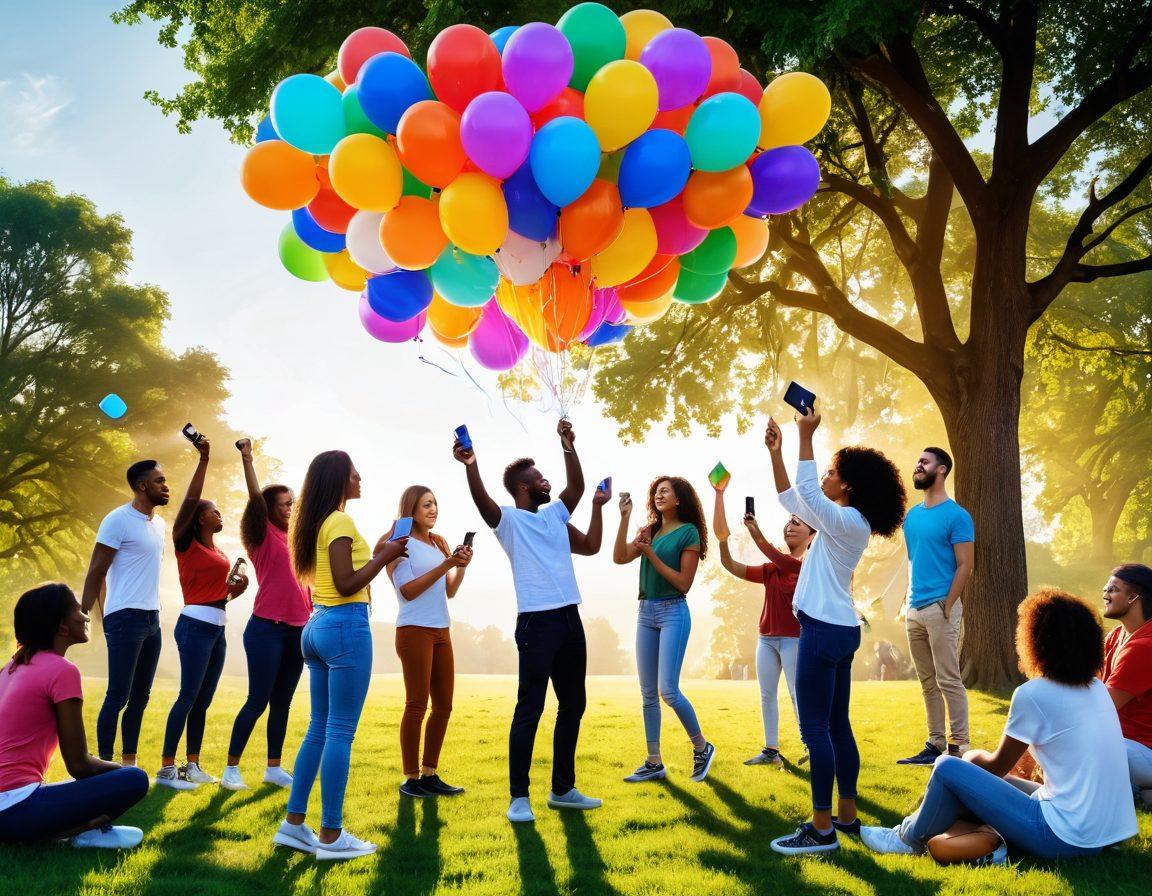 A vibrant depiction of a diverse group of people celebrating their financial freedom in an open, sunny park. They are using smartphones to engage with digital currencies, surrounded by lush greenery and colorful balloons representing various cryptocurrencies. In the background, a rising sun symbolizes new opportunities in the digital finance world. The scene conveys joy, community, and innovation. vibrant colors. super-realistic.
