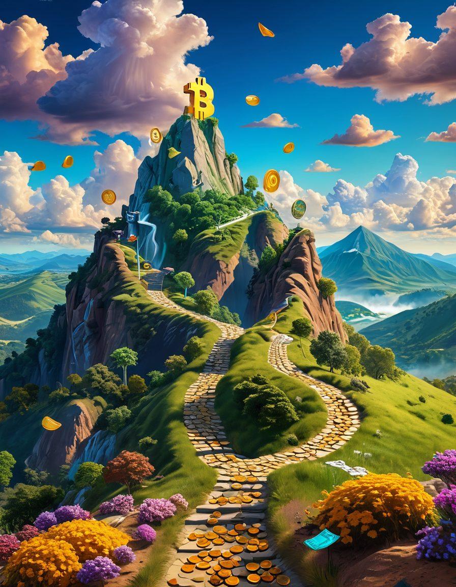 A vibrant and adventurous landscape representing a surreal digital currency realm, featuring soaring hills made of coins and cash, a path of golden bitcoin symbols, and joyful characters exploring with delight. In the background, a bright skyline symbolizes financial growth, with clouds shaped like dollar signs. The scene should radiate positivity and excitement about wealth elevation through digital currencies. super-realistic. vibrant colors. 3D.